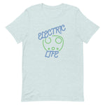 Tesla inspired apparel. EV car charger. Electric Life image centered on t-shirt.