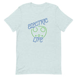 Tesla inspired apparel. EV car charger. Electric Life image centered on t-shirt.