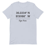 Tesla inspired apparel. Texas Gigafactory GPS coordinates. Birthplace Texas image centered on t-shirt.