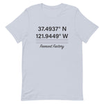 Tesla inspired apparel. Fremont Gigafactory GPS coordinates. Birthplace Fremont image centered on t-shirt.