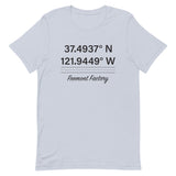 Tesla inspired apparel. Fremont Gigafactory GPS coordinates. Birthplace Fremont image centered on t-shirt.