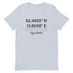 Tesla inspired apparel. Berlin Gigafactory GPS coordinates. Birthplace Berlin image centered on t-shirt.