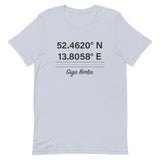 Tesla inspired apparel. Berlin Gigafactory GPS coordinates. Birthplace Berlin image centered on t-shirt.