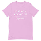 Tesla inspired apparel. Texas Gigafactory GPS coordinates. Birthplace Texas image centered on t-shirt.