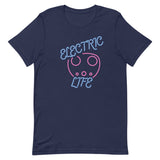 Tesla inspired apparel. EV car charger. Electric Life image centered on t-shirt.