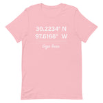 Tesla inspired apparel. Texas Gigafactory GPS coordinates. Birthplace Texas image centered on t-shirt.