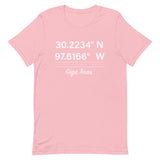 Tesla inspired apparel. Texas Gigafactory GPS coordinates. Birthplace Texas image centered on t-shirt.