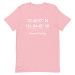 Tesla inspired apparel. Fremont Gigafactory GPS coordinates. Birthplace Fremont image centered on t-shirt.