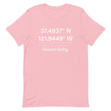 Tesla inspired apparel. Fremont Gigafactory GPS coordinates. Birthplace Fremont image centered on t-shirt.