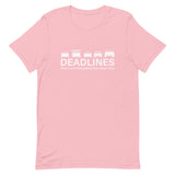 Tesla inspired apparel.  Elon Musk missing deadlines since day one. Deadlines image centered on t-shirt.