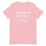 Tesla inspired apparel. Shanghai Gigafactory GPS coordinates. Birthplace Shanghai image centered on t-shirt.