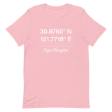 Tesla inspired apparel. Shanghai Gigafactory GPS coordinates. Birthplace Shanghai image centered on t-shirt.