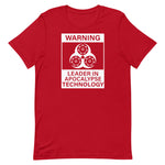 Tesla inspired apparel. Elon Musk quote. Cybertruck. Leader In Apocalypse Technology image centered on t-shirt.