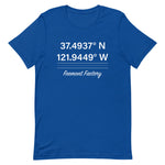 Tesla inspired apparel. Fremont Gigafactory GPS coordinates. Birthplace Fremont image centered on t-shirt.