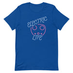 Tesla inspired apparel. EV car charger. Electric Life image centered on t-shirt.