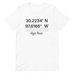 Tesla inspired apparel. Texas Gigafactory GPS coordinates. Birthplace Texas image centered on t-shirt.