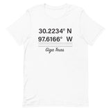 Tesla inspired apparel. Texas Gigafactory GPS coordinates. Birthplace Texas image centered on t-shirt.