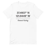 Tesla inspired apparel. Fremont Gigafactory GPS coordinates. Birthplace Fremont image centered on t-shirt.