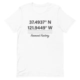 Tesla inspired apparel. Fremont Gigafactory GPS coordinates. Birthplace Fremont image centered on t-shirt.