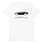 Tesla inspired apparel. Elon Musk quote. Cybertruck. Just Fix It In Post image centered on t-shirt.