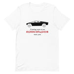 Tesla inspired apparel. Cybertruck. Apocalypse Near You image centered on t-shirt.