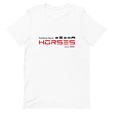 Tesla inspired apparel. Henry Ford and Elon Musk. Comments about horses. Building Faster Horses image centered on t-shirt.