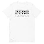 Tesla inspired apparel. EV no emissions. Electric Vehicle Car. Zero Emissions image centered on t-shirt.