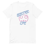 Tesla inspired apparel. EV car charger. Electric Life image centered on t-shirt.