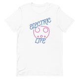 Tesla inspired apparel. EV car charger. Electric Life image centered on t-shirt.