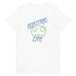 Tesla inspired apparel. EV car charger. Electric Life image centered on t-shirt.