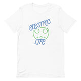 Tesla inspired apparel. EV car charger. Electric Life image centered on t-shirt.