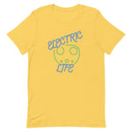 Tesla inspired apparel. EV car charger. Electric Life image centered on t-shirt.