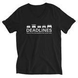 Tesla inspired apparel.  Elon Musk missing deadlines since day one. Deadlines image centered on v-neck t-shirt.