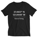 Tesla inspired apparel. Fremont Gigafactory GPS coordinates. Birthplace Fremont image centered on v-neck t-shirt.