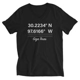 Tesla inspired apparel. Texas Gigafactory GPS coordinates. Birthplace Texas image centered on v-neck t-shirt.