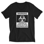 Tesla inspired apparel. Elon Musk quote. Cybertruck. Leader In Apocalypse Technology image centered on v-neck t-shirt.