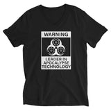 Tesla inspired apparel. Elon Musk quote. Cybertruck. Leader In Apocalypse Technology image centered on v-neck t-shirt.