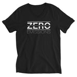 Tesla inspired apparel. EV no emissions. Electric Vehicle Car. Zero Emissions image centered on v-neck t-shirt.