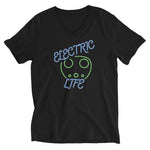 Tesla inspired apparel. EV car charger. Electric Life image centered on v-neck t-shirt.