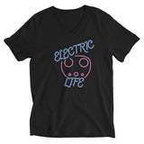 Tesla inspired apparel. EV car charger. Electric Life image centered on v-neck t-shirt.