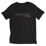 Tesla inspired apparel. Elon Musk quote. Maximize Enjoyment image centered on v-neck t-shirt.