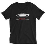 Tesla inspired apparel. Elon Musk quote. Cybertruck. Just Fix It In Post image centered on v-neck t-shirt.