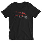 Tesla inspired apparel. Elon Musk quote. Starman in red roadster. Die On Mars, Not On Impact image centered on v-neck t-shirt.