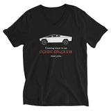 Tesla inspired apparel. Cybertruck. Apocalypse Near You image centered on v-neck t-shirt.