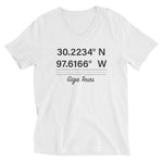 Tesla inspired apparel. Texas Gigafactory GPS coordinates. Birthplace Texas image centered on v-neck t-shirt.