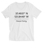 Tesla inspired apparel. Fremont Gigafactory GPS coordinates. Birthplace Fremont image centered on v-neck t-shirt.