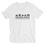 Tesla inspired apparel.  Elon Musk missing deadlines since day one. Deadlines image centered on v-neck t-shirt.