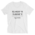 Tesla inspired apparel. Berlin Gigafactory GPS coordinates. Birthplace Berlin image centered on v-neck t-shirt.