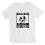 Tesla inspired apparel. Elon Musk quote. Cybertruck. Leader In Apocalypse Technology image centered on v-neck t-shirt.