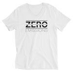 Tesla inspired apparel. EV no emissions. Electric Vehicle Car. Zero Emissions image centered on v-neck t-shirt.